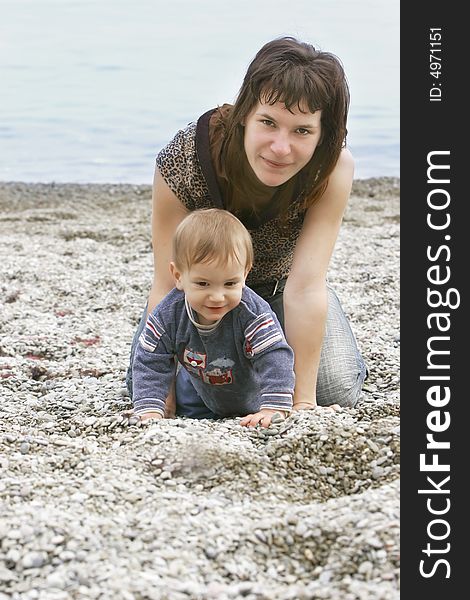 Mother and son on beach