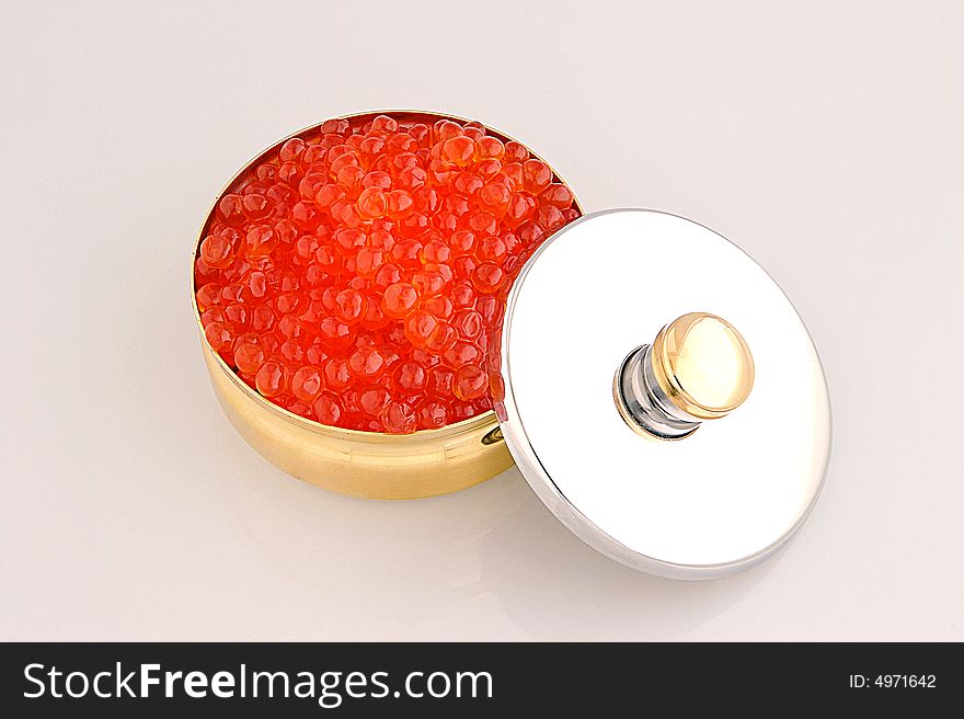 Red caviar in metal bowl