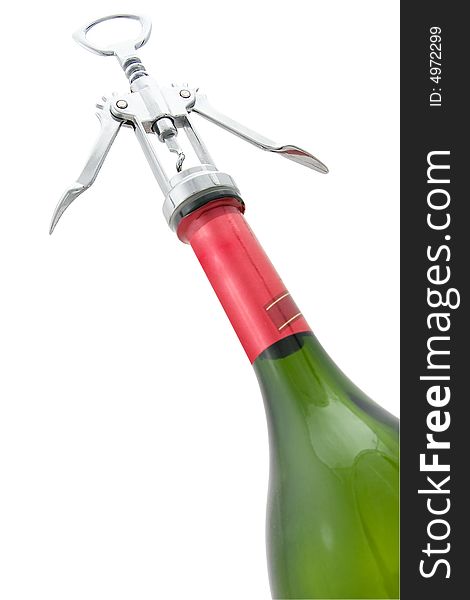 The green bottle opened by a corkscrew costs on a white background