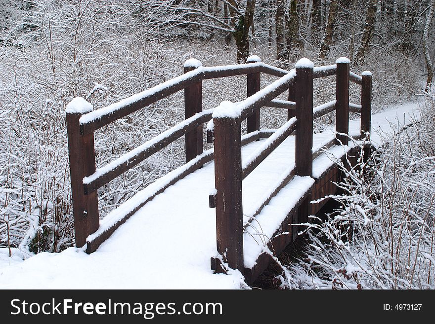 Snow covered footbridge at Silver Falls State Park