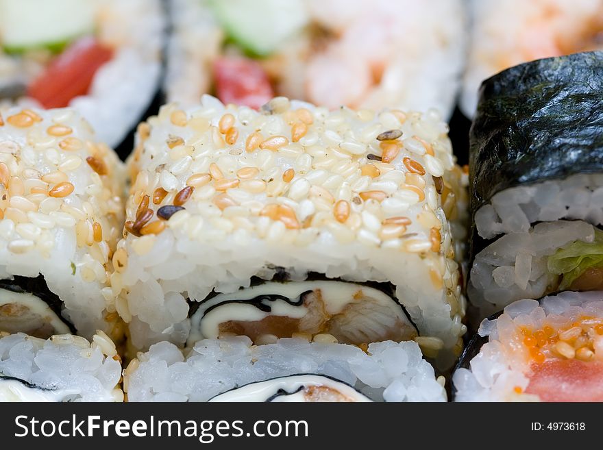 Different types of traditional japanese rolls close-up