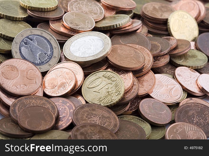 Euro coins, with a handful of different sizes