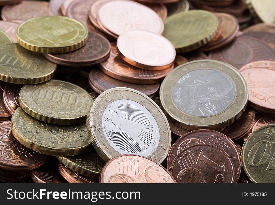 Euro coins, with a handful of different sizes