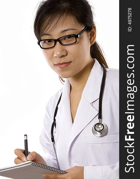 Female doctor with stethoscope in white background.