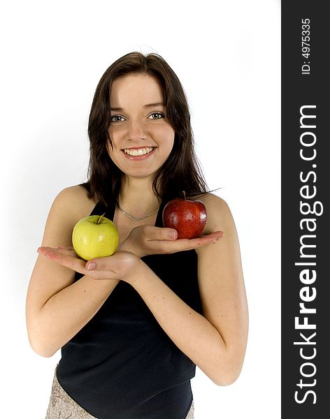 Happy women - green and red apples. Happy women - green and red apples