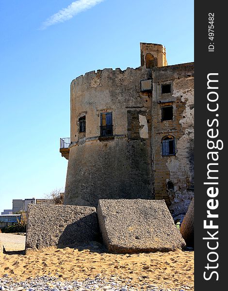 Ancient Tuna fishing construction Tonnara Bordonaro XVI century in Palermo Island of Sicily, Italy. Ancient Tuna fishing construction Tonnara Bordonaro XVI century in Palermo Island of Sicily, Italy