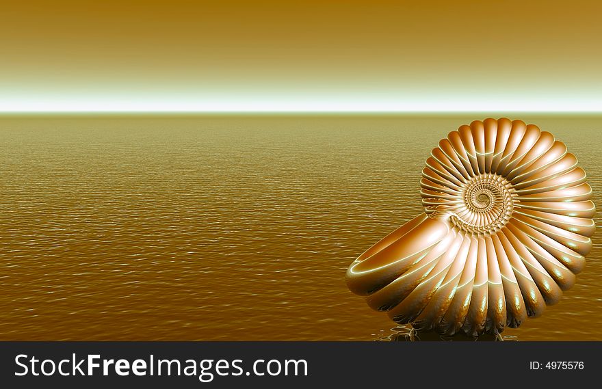 Shell on the sunset sea beach - 3d illustration.