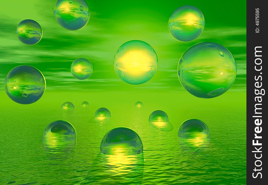 Rising water balls on a sunset sky background - digital artwork.