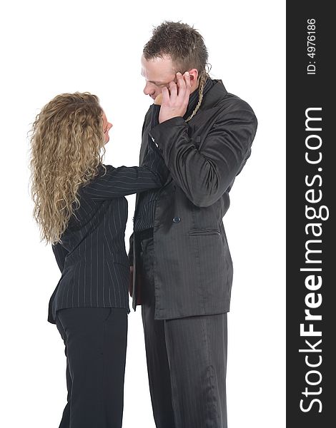 Young couple in black dress on white background