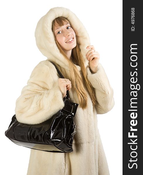 Pretty young girl in fur jacket taking bag Isolate on white