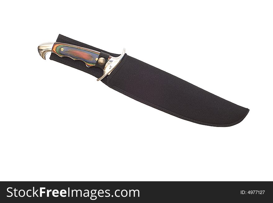 Large hunting knife in nylon webbed black pouch. Large hunting knife in nylon webbed black pouch