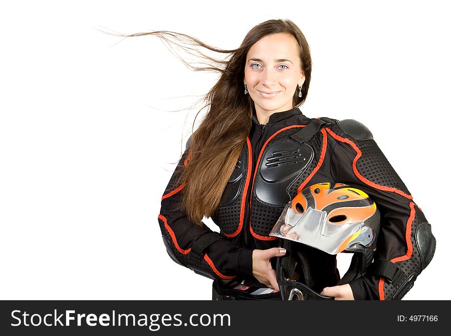 Extream girl in body-armour with full-face helmet