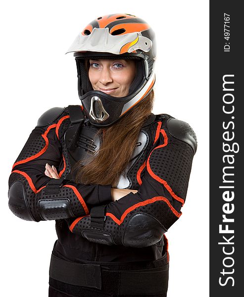 Extream girl in body-armour with full-face helmet