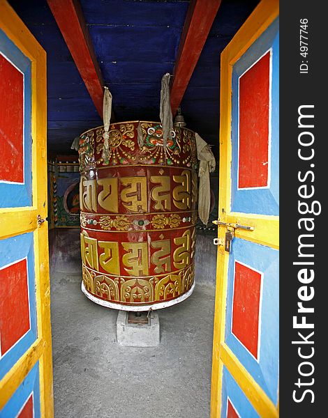 Colourful buddist praying wheels, nepal