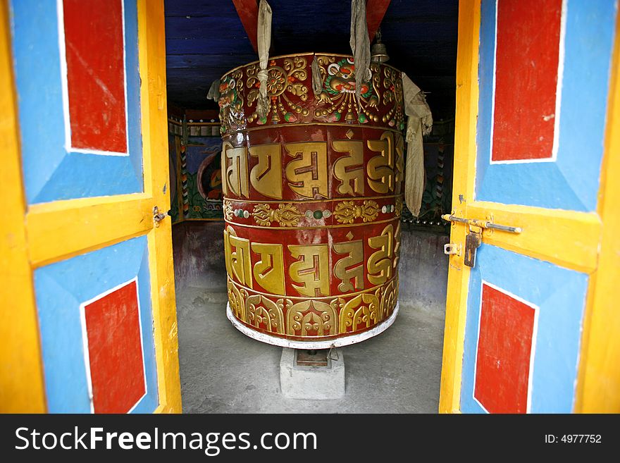 Colourful buddist praying wheels, nepal