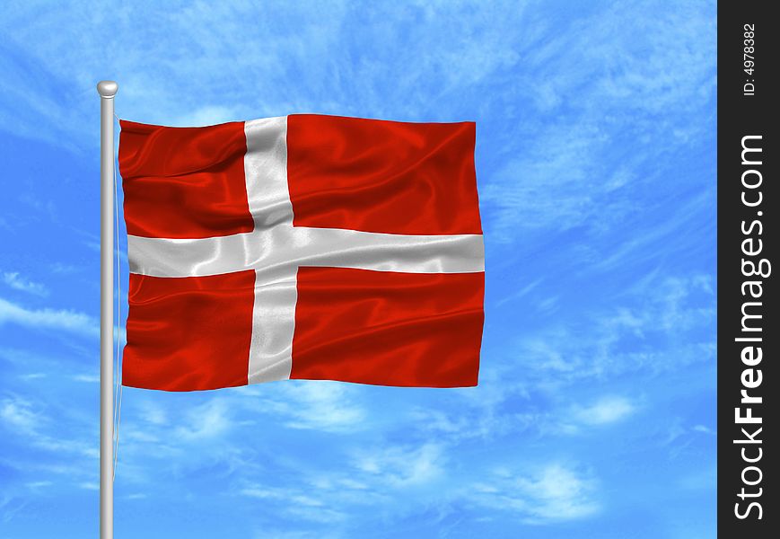 Illustration of waving Danish Flag on blue sky. Illustration of waving Danish Flag on blue sky