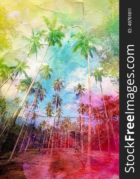 Wonderful watercolor retro palm grove on the island