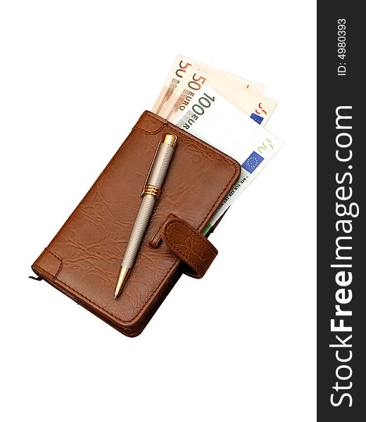 Leather organizer with pen and a banknotes. Leather organizer with pen and a banknotes