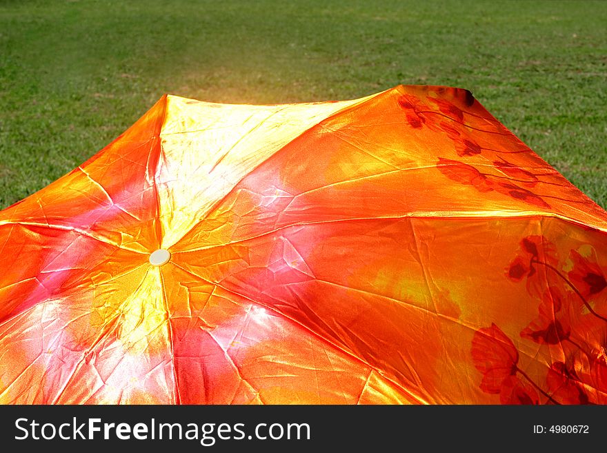 Fragment of sun umbrella on the grass