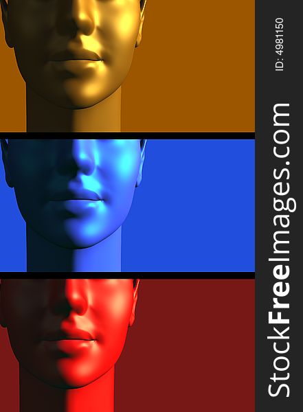 Woman's head render in three color variants