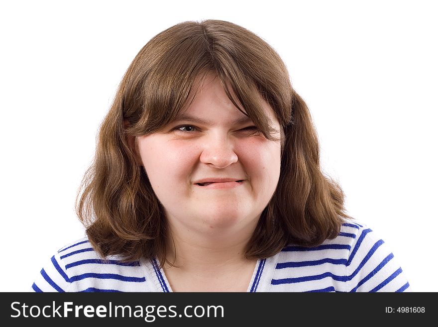 Young smiling woman portrait, obese, photo on the white background