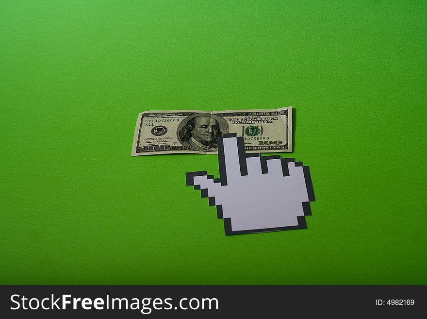 100 dollar bill under the click of the hand cursor. 100 dollar bill under the click of the hand cursor