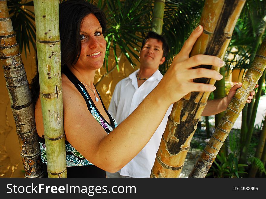 Romantic couple posing in a bamboo garden. Romantic couple posing in a bamboo garden.