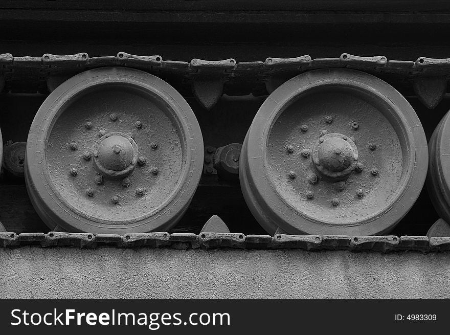 Wheel and caterpillar of the Soviet tank. Close up