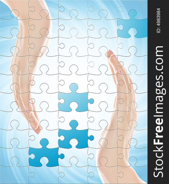 Two hands isolated over abstract background with puzzle effect