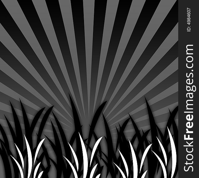 An Elegance Black&White Grass Illustration on a Dark SunBurst Background. An Elegance Black&White Grass Illustration on a Dark SunBurst Background