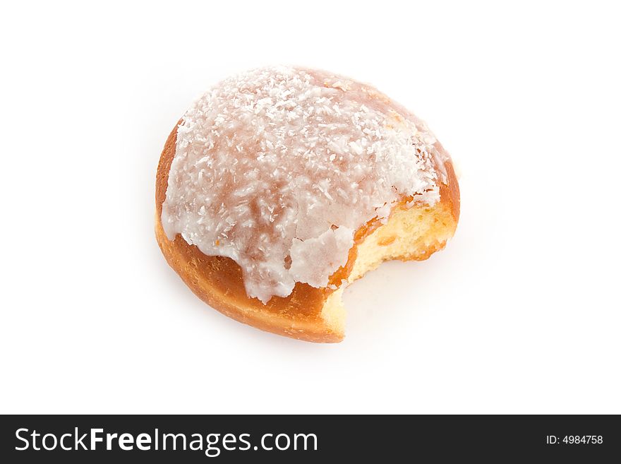 Bitten doughnut with ice sugar. Bitten doughnut with ice sugar