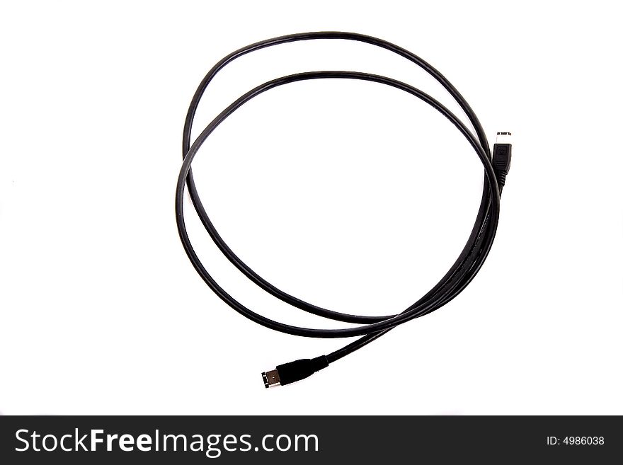 A black coiled usb cable on a white background