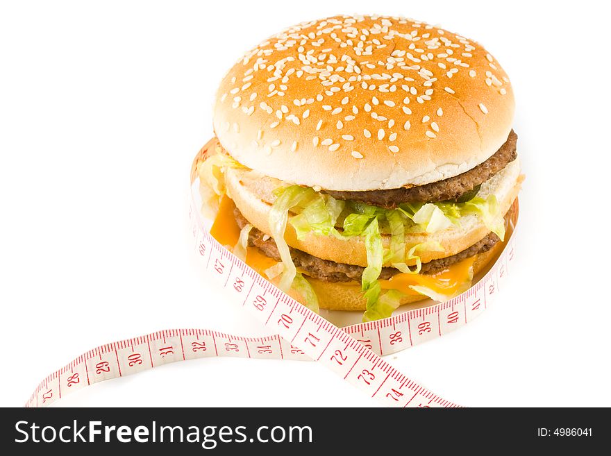 Bread with fried meat, cheese, onion and lettuce isolated on a  white background. Bread with fried meat, cheese, onion and lettuce isolated on a  white background.