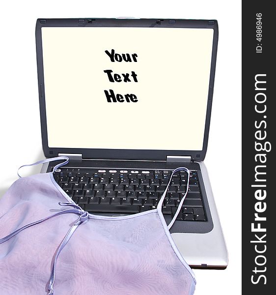 Negligee draped over laptop computer with blank screen for your message or image.  Clipping path for both the screen and entire computer are included. Negligee draped over laptop computer with blank screen for your message or image.  Clipping path for both the screen and entire computer are included.