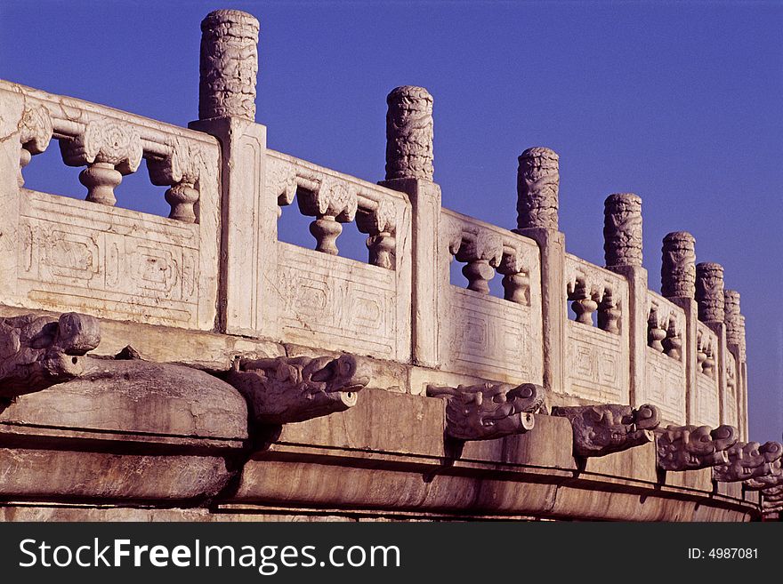 Stone railing and dragons, temple of the heaven, china. space for text