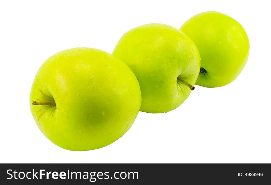 Three green apples isolated on white background