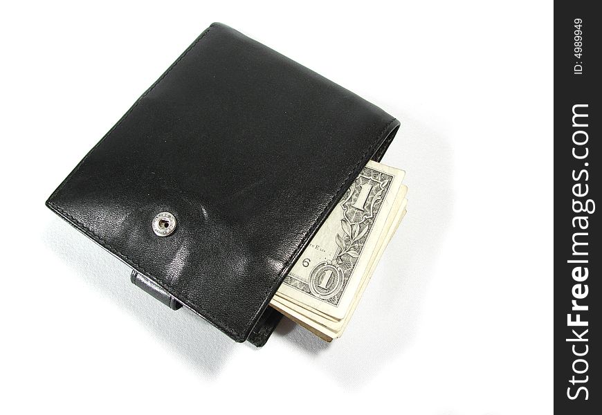 Black leather purse pouch with paper money dollars isolated on white