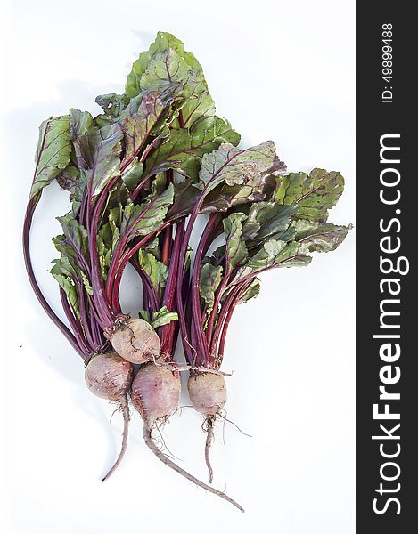 Fresh beets with green leaves on white