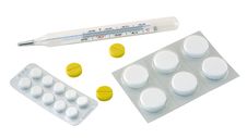 Thermometer And Pills. Royalty Free Stock Images Thermometer And Pills. Royalty Free Stock Images