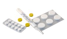 Thermometer And Pills. Royalty Free Stock Photos Thermometer And Pills. Royalty Free Stock Photos