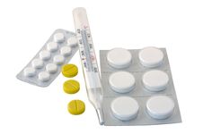 Thermometer And Pills. Royalty Free Stock Photo Thermometer And Pills. Royalty Free Stock Photo