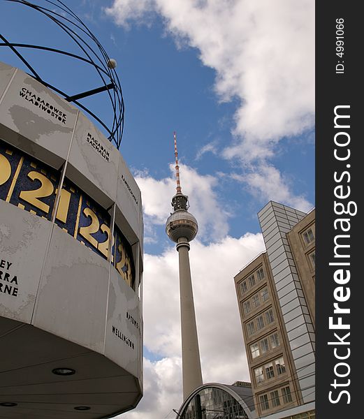The Fernsehturm and alexanderplatz clock. The Fernsehturm and alexanderplatz clock