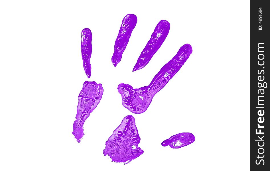 A purple hand print on a white canvas