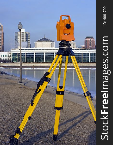 Theodolite set in front of Aquarium