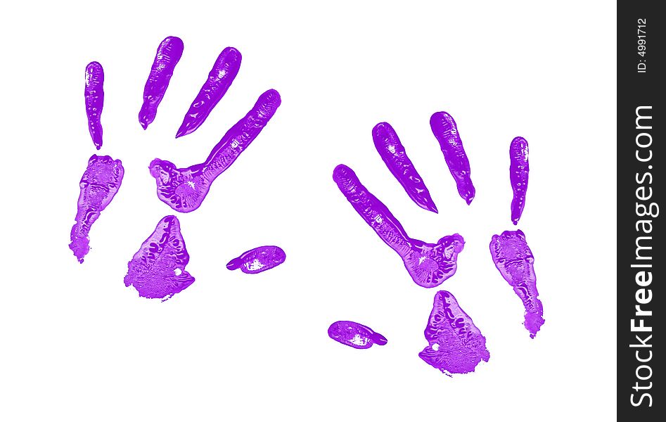 A set of purple hand prints on a white canvas
