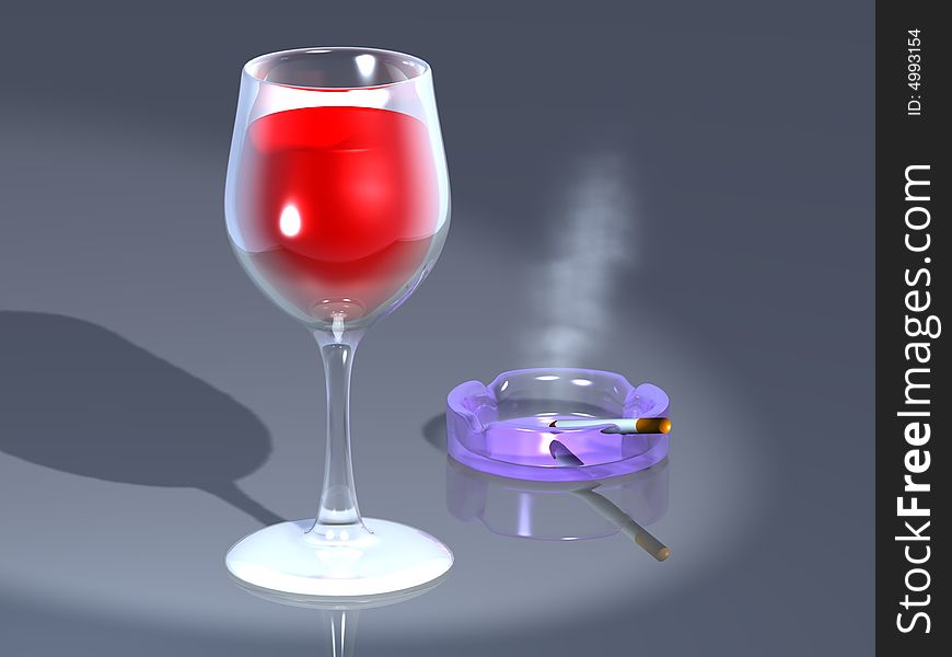 Glass of wine with a cigarette in a bar. Glass of wine with a cigarette in a bar