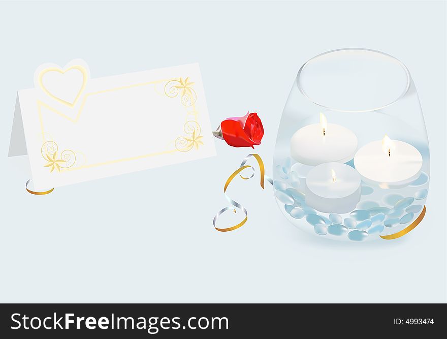 Vase with three candles. Congratulatory card, a red rose and a gold tape. Vase with three candles. Congratulatory card, a red rose and a gold tape.