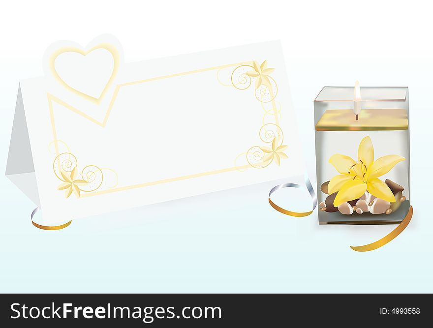 Vase with one candle and one yellow flower. Congratulatory card. Vase with one candle and one yellow flower. Congratulatory card.