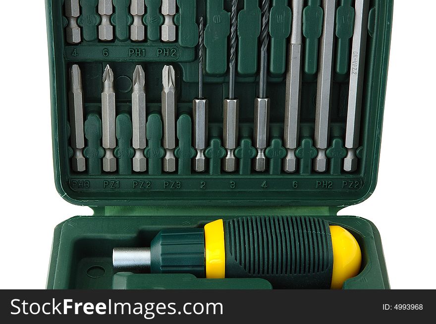 Tool kit. Plastic box with different screwdrivers.