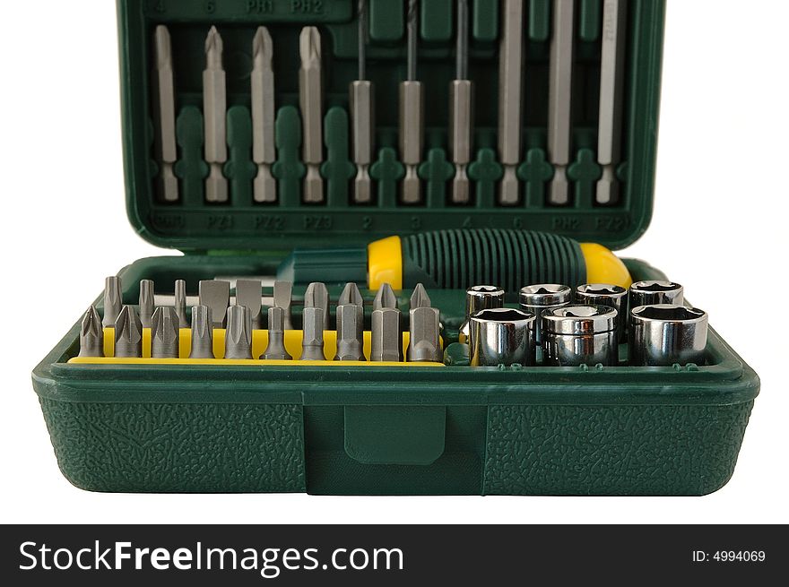Tool kit. Plastic box with different screwdrivers.